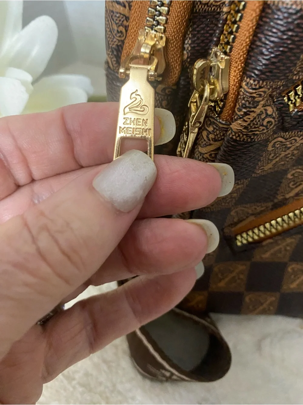 Brown Checkered Mini SlingBack Bag with Gold Hardware Multiple Compartments